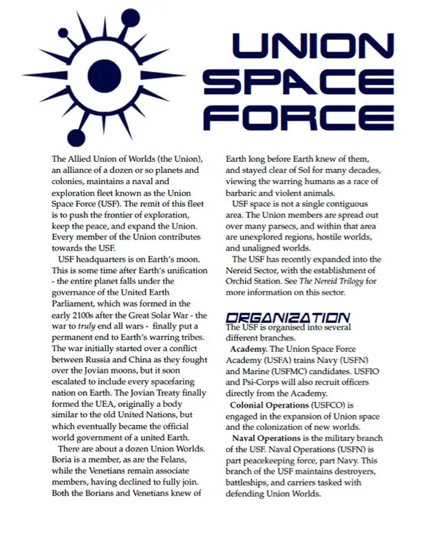 EN Publishing Union Space Force rollspel PDF karriär