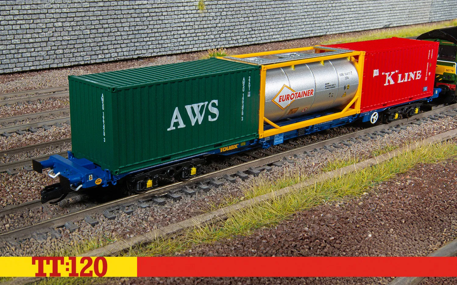 Hornby TT:120 Touax KFA vagn 3x20 containrar
