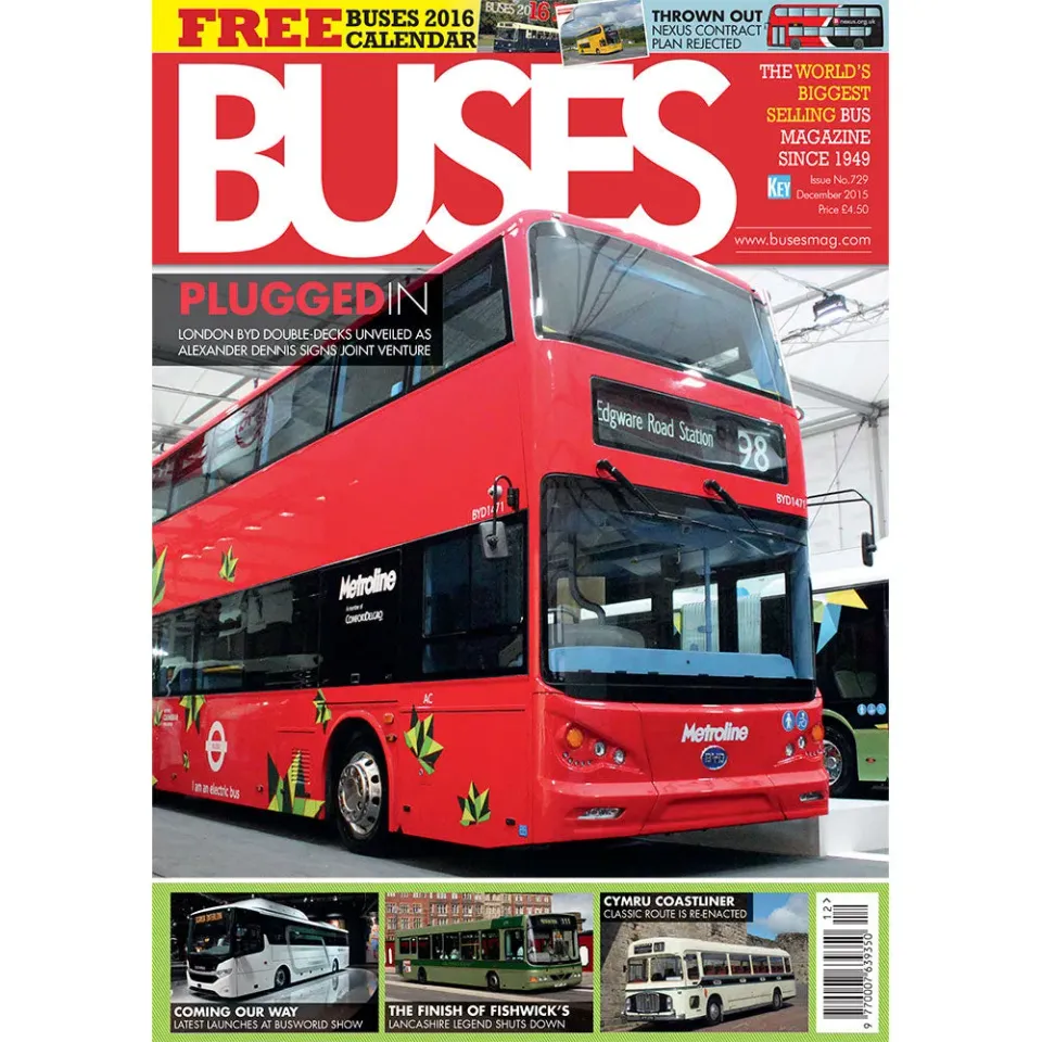 Buses december 2015 tidning BYD dubbeldäckare