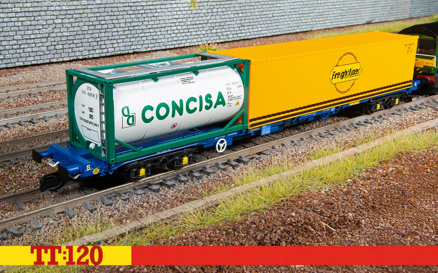 Hornby TT:120 KFA modellvagn Touax containrar