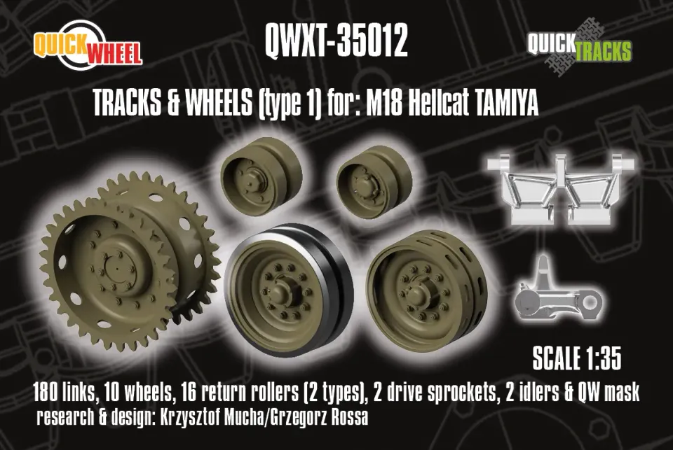 Rossagraph QWXT-35012 M18 Hellcat hjul- och bandset Tamiya